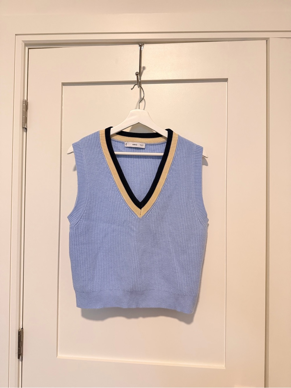 Mango Light Blue V-Neck Knit Sweater Vest with Navy and Cream Trim